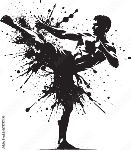Dynamic Black and White Silhouette of a Martial Artist Performing a Powerful Kick with Splatter