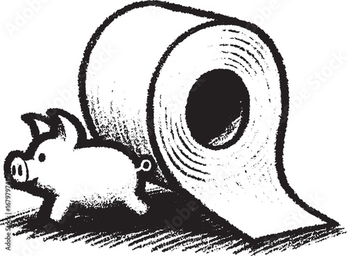 Conceptual illustration of a pig and a roll of toilet paper representing economic waste