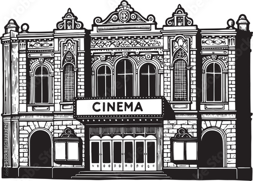 Monochrome Woodcut Illustration of a Classic Movie Theater Facad