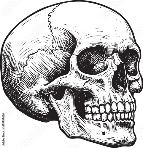 Monochrome Woodcut Style Skull Illustration on an Isolated White