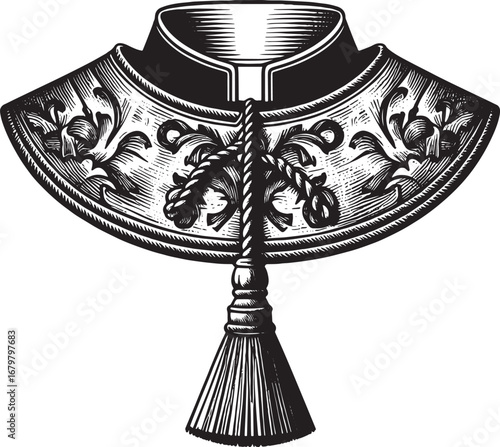 Detailed Engraved Illustration of an Ecclesiastical Collar and Decorative Ornament in Black and