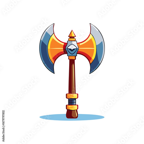Stylized cartoon battle axe with double blades and a gem for a fantasy game asset