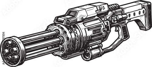 Intricate black and white line art illustration of a futuristic