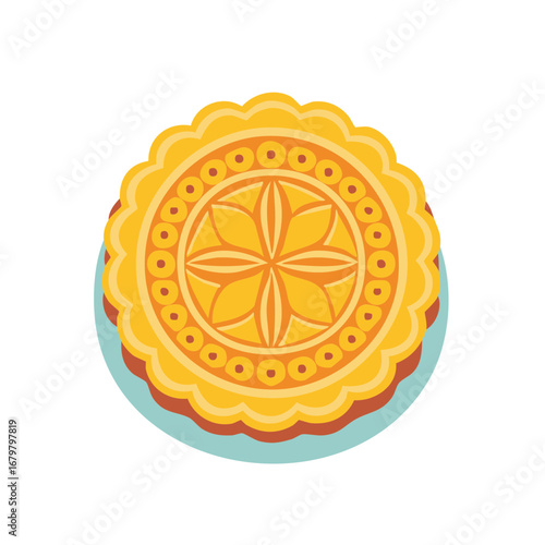 Traditional Golden Mooncake with Ornate Pattern for Mid Autumn Festival Celebration Vector Illustration