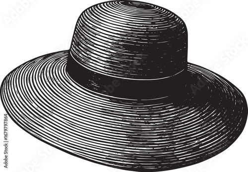 Monochrome woodcut illustration of a vintage sunhat with isolate