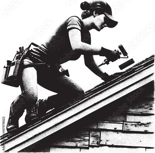 Woman Roofing Repairing a Roof Monochrome Image Depicting Construction and Home Improvement