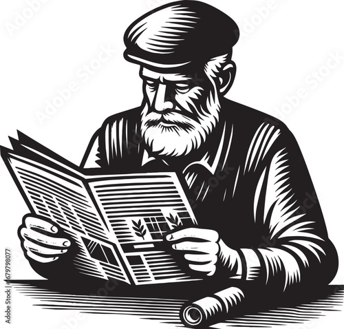 Vintage illustration of an elderly man reading a newspaper in black and white detailed style