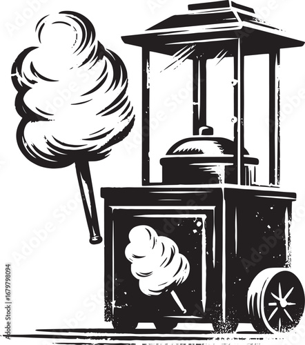 Cotton Candy Stand Ink Illustration: Minimalist Sumi-e Style Swe