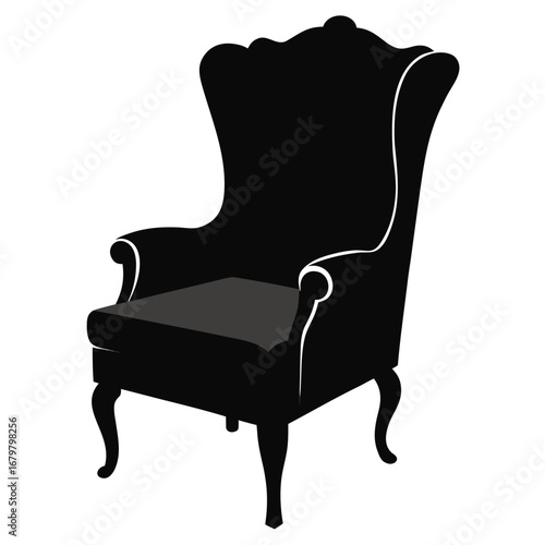 Wingback Chair Black Silhouette Vector Illustration on White Background