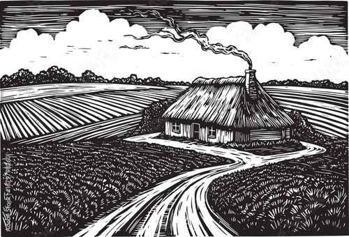 Rustic Retreat: A Tranquil Countryside Scene in Black and White