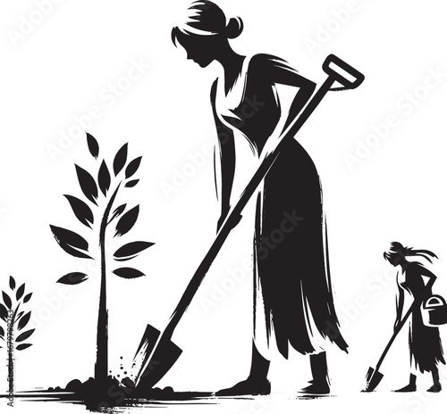 Monochrome illustration of women planting saplings, a symbolic a