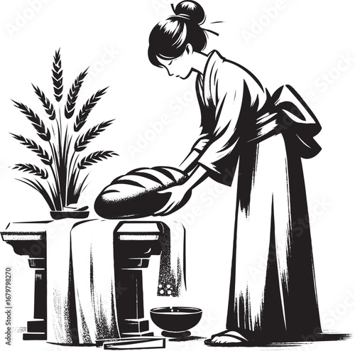 Minimalist Sumi-e Illustration of Harvest Offering with Woman an