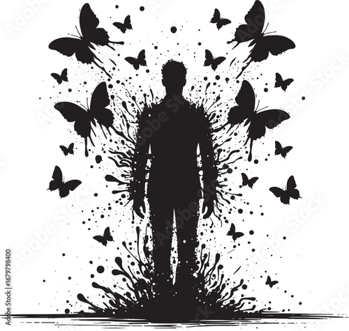 Silhouette of a person with butterflies and ink splatters symbolizing transformation and freedom