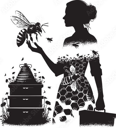 Silhouette Illustration of a Woman Interacting with Bees and a Beehive, Beekeeping Concept
