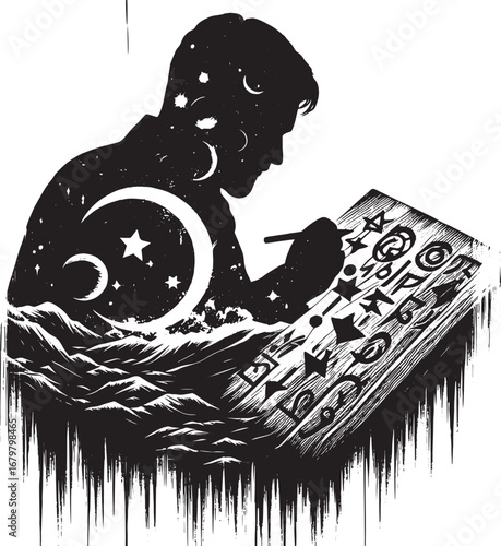 A detailed silhouette illustration of a person writing on a wooden surface filled with symbols