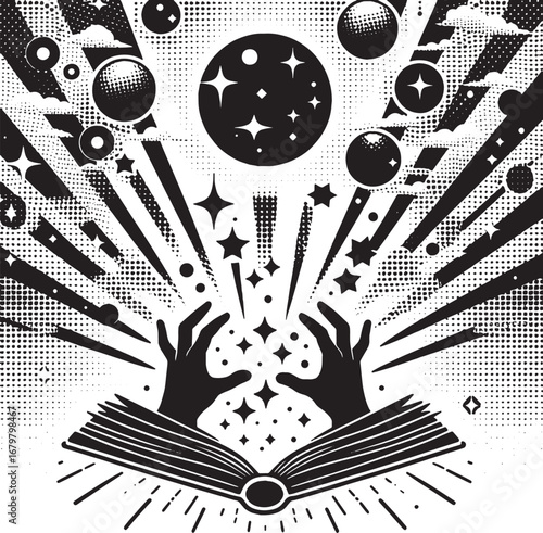 Magical Hands Summoning Celestial Elements Above an Open Spellbook in a Starry Illustration
