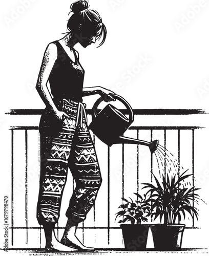 Silhouette of a woman watering plants on a balcony, illustration of home gardening