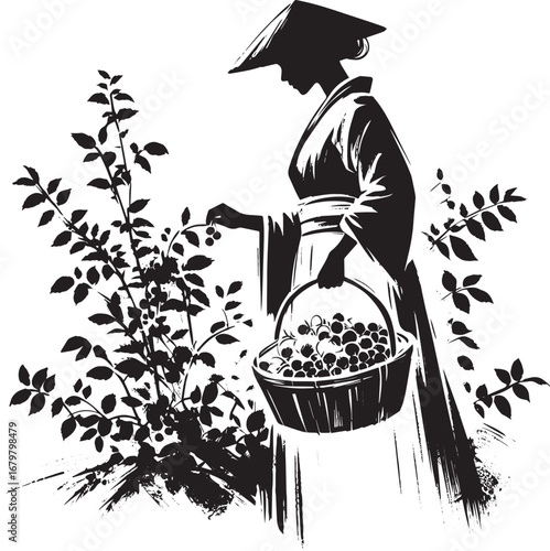 Monochrome sumi-e artwork of a woman picking fresh berries in a