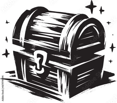 Monochrome treasure chest illustration with brushstroke texture