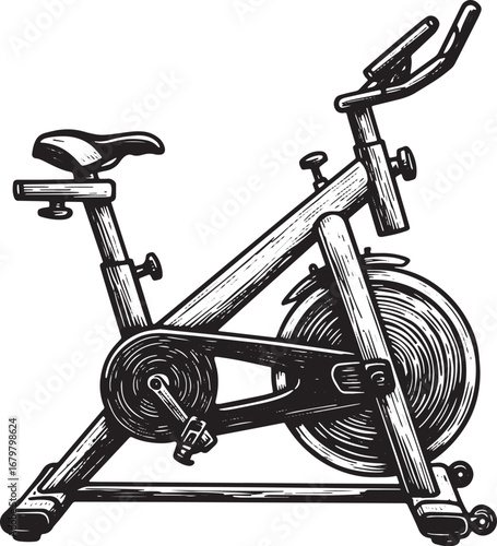Monochrome woodcut illustration of a stationary bike for indoor