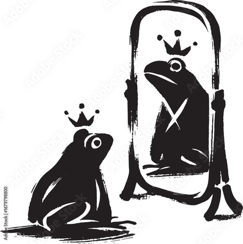 Illustration of a frog looking at its reflection in a mirror, fantasy concept art