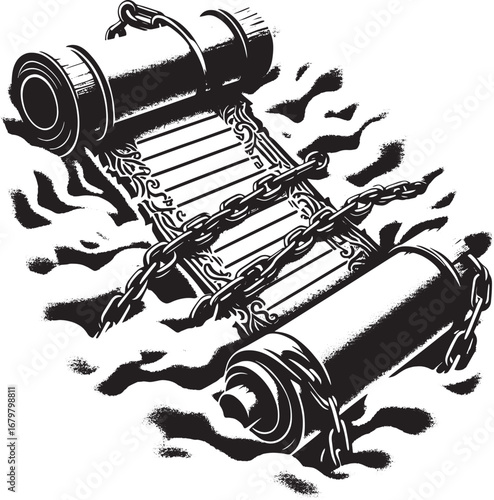 Illustration of an Old Manuscript Scroll Tied with Chains on a Wavy Decorative Background