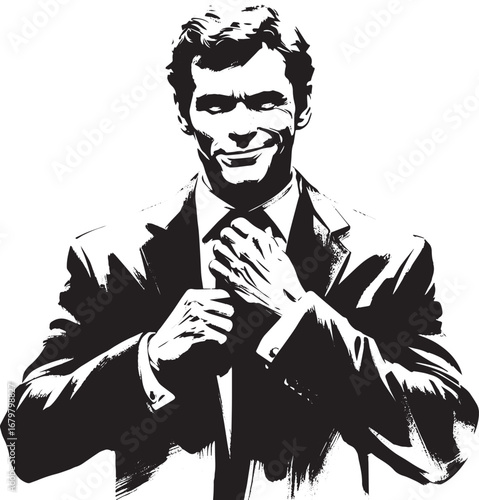 Confident businessman adjusting tie with smirk in black and whit