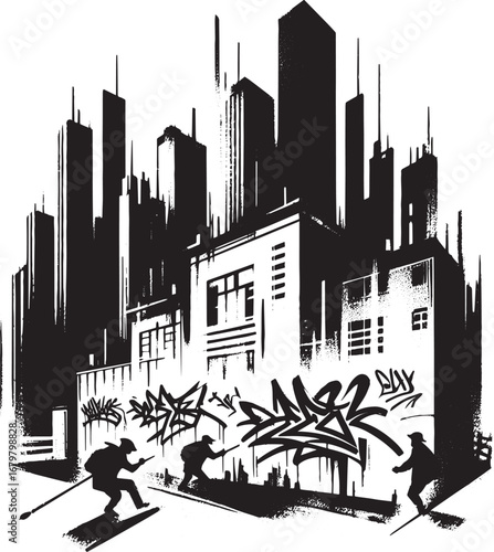 Monochrome illustration of urban art creation against a cityscap