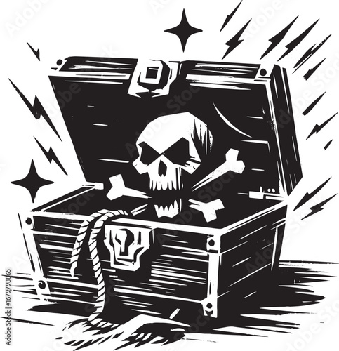 Stylized treasure chest icon featuring a skull and crossbones de