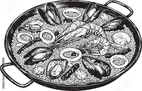Monochrome woodcut style illustration of a seafood paella, vibra