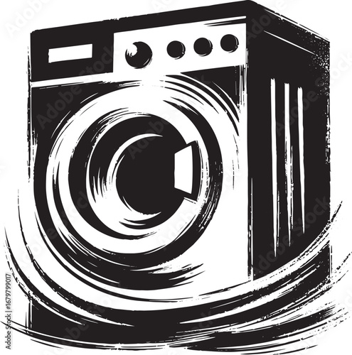 Minimalist washing machine icon with expressive brush strokes fo