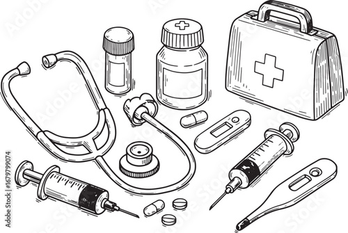 Monochrome Doctor's Kit Illustration with Stethoscope and Medica