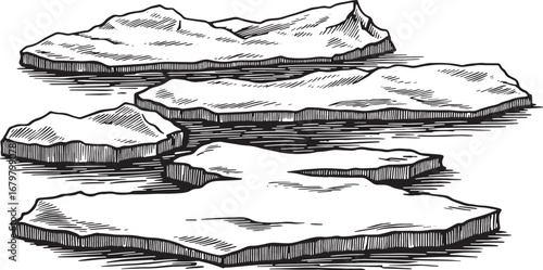 Dramatic ice floes in vintage woodcut style, black and white dra