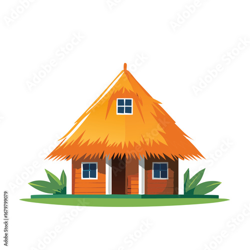 Small thatched hut with orange roof on a grass patch in a cartoon style for architecture or vacation concepts