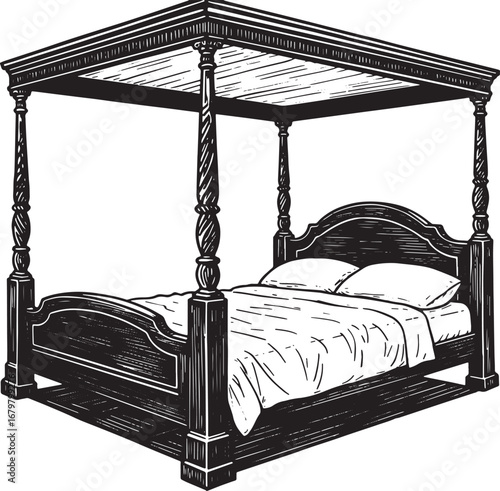 Elaborate four-poster bed illustration, meticulously crafted woo