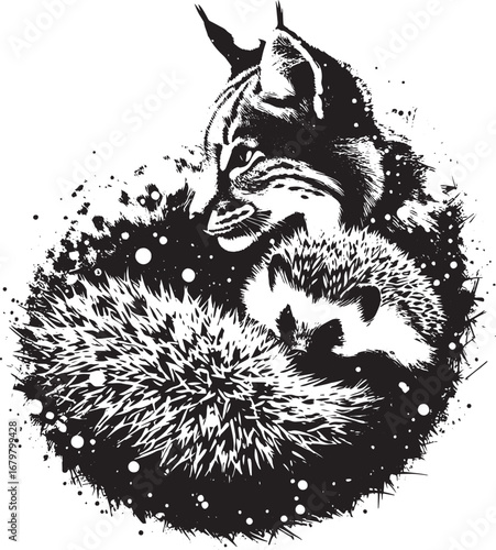 Artistic Black and White Illustration of a Lynx and a Hedgehog, Embracing Each Other