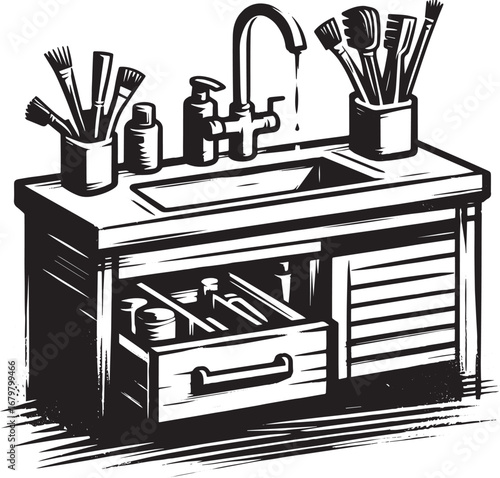 Elegant under-sink organizer rendered in minimalist sumi-e style