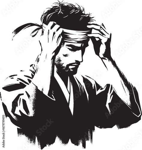 Sumi-e illustration of a contemplative man adjusting a tradition