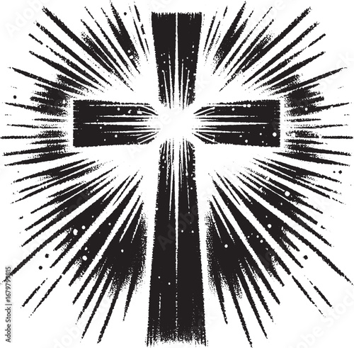 A black and white illustration of a cross radiating light, a symbol of faith and religion