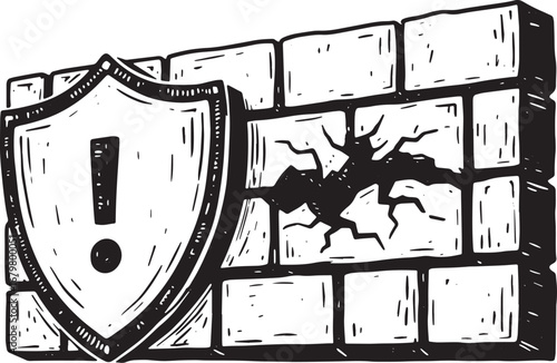Compromised Cyber Security: Broken Firewall with Shield Alert Ic
