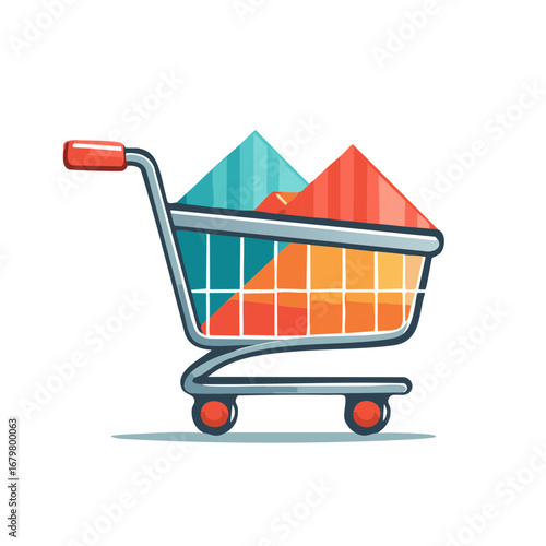 Shopping Cart Filled with Colorful Graphic Pyramids of Sales and Marketing
