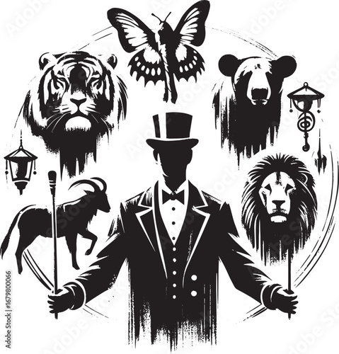 Monochrome Circus Ensemble: A minimalist icon showcasing the ele