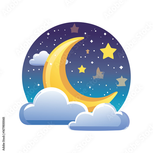 Cartoon crescent moon with stars and clouds at night, isolated illustration.