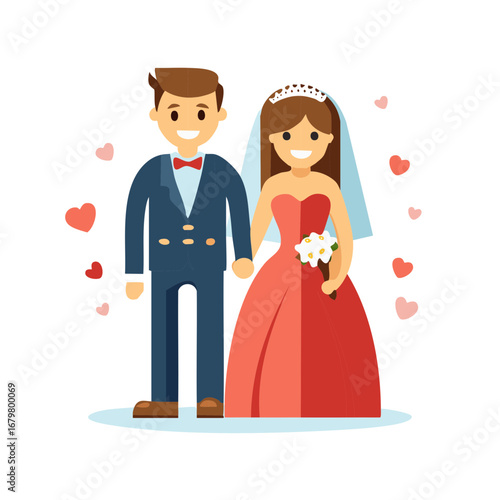 Newlyweds Holding Hands with Hearts Flat Design Wedding Ceremony Couple Celebration