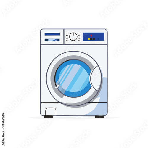Modern white front loading washing machine with blue reflective drum and digital display