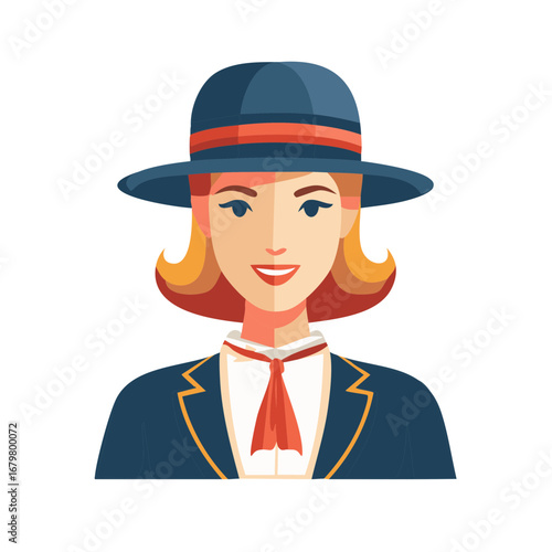 Smiling woman in hat and blazer with vintage style, graphic illustration