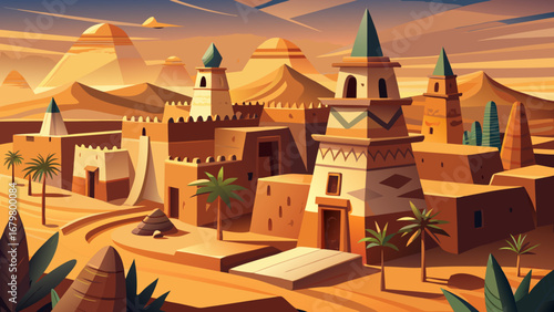 Timbuktu’s Ancient Mosques, Mali, rise with mud-brick minarets, wooden scaffolds, and sandy streets. Warm desert glow; semi-realistic flat vector highlighting rhythmic lines, earthy tones, and monumen