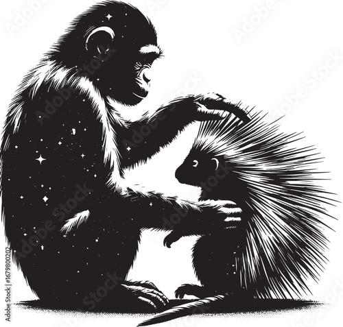 Illustration of a chimpanzee interacting with a porcupine in a unique black and white style artwork