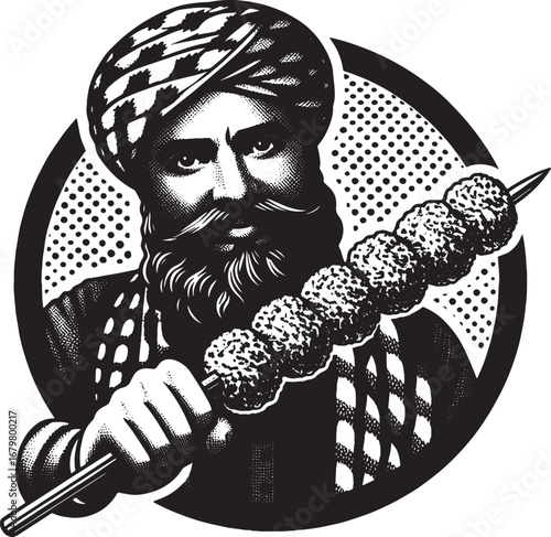 Illustration of a man with a turban holding a skewer of falafel, black and white