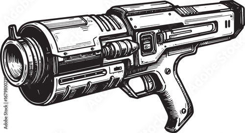 Futuristic firearm illustration in monochrome, detailed tech des